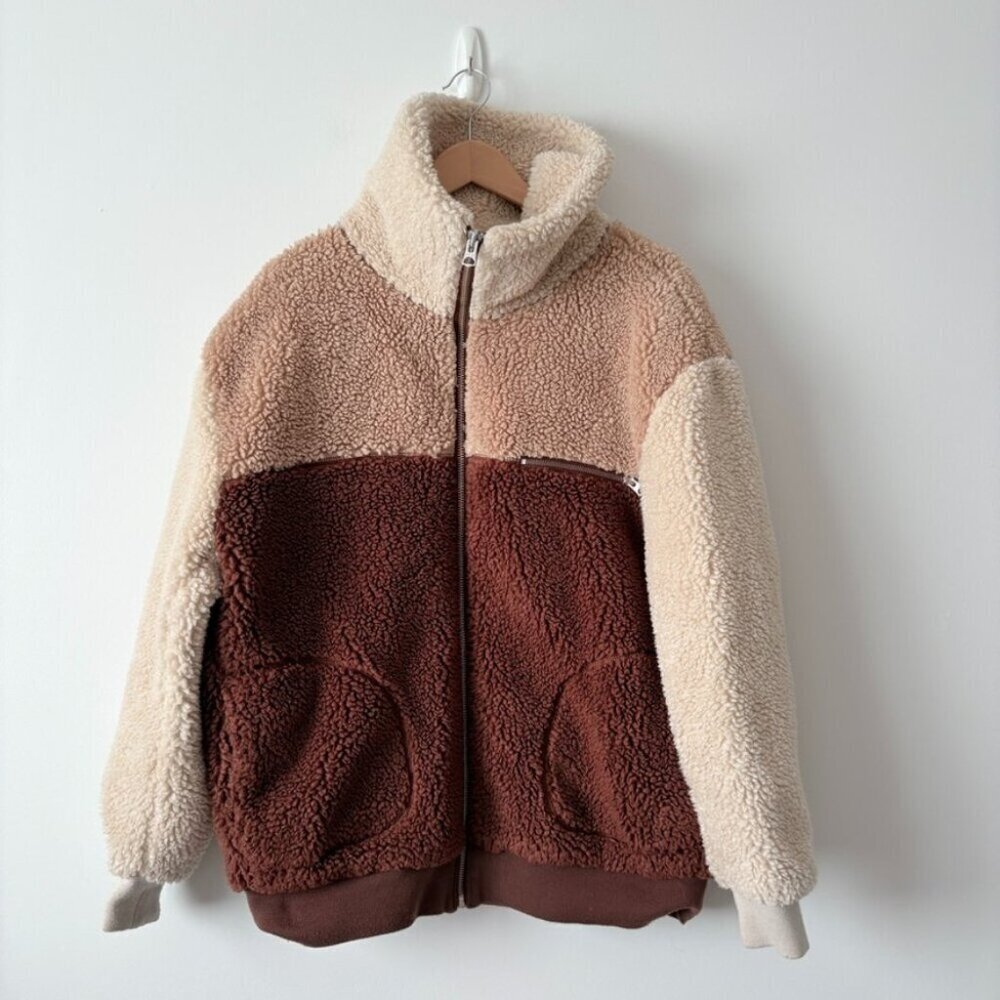 Aritzia Wilfred Free The Teddy Jacket Coat Brown Cream Colour Block Size Large